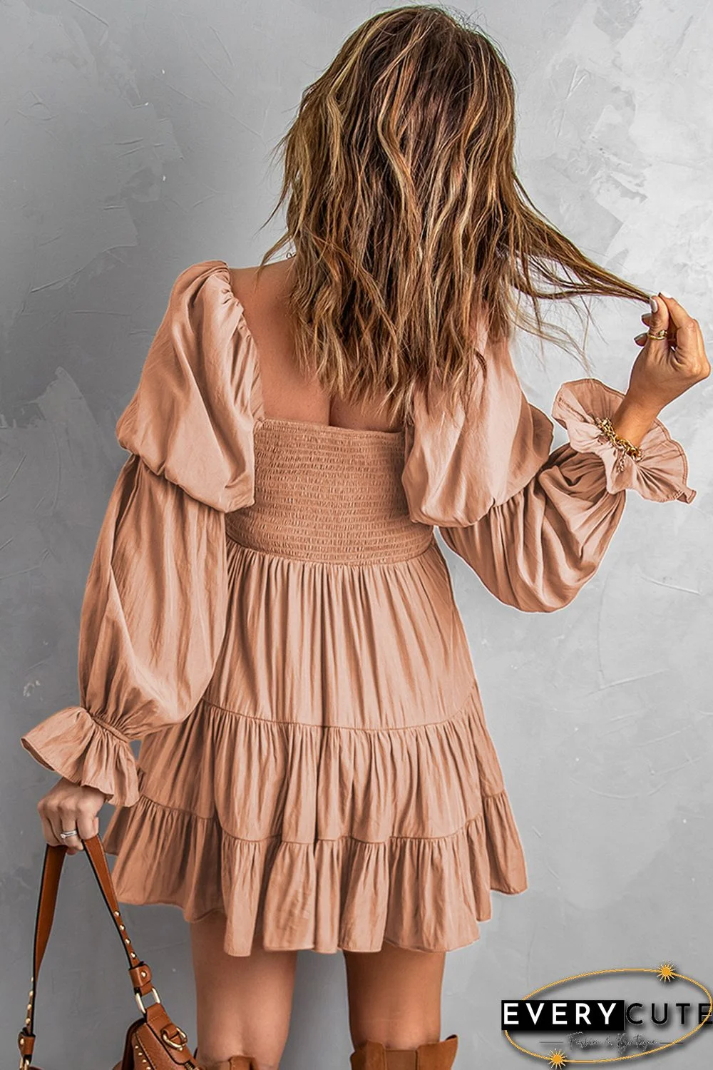 Pink Boho Solid Shirred Ruffle Mini Dress