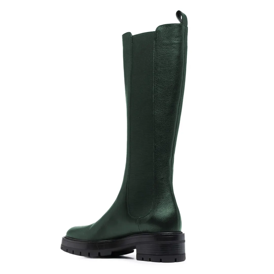 Dark Green Round Toe Pull On Elastic Side Knee High Chelsea Boots