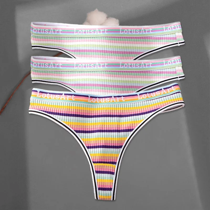 FINETOO 3Pcs/set Women Rainbow Thongs M-XL Cotton Panties Comfortable Striped T-Back Underwear Ladies Soft G-string Lingerie New