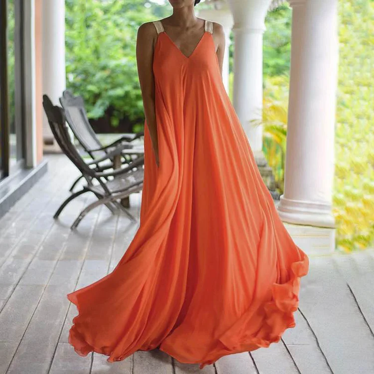 Sleeveless V Neck Holiday Style Solid Maxi Dress