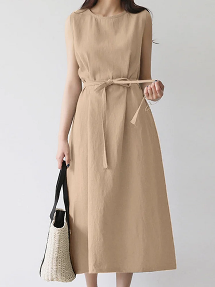 Casual Plain Round Neck Sleeveless Knot Waist Midi Dress