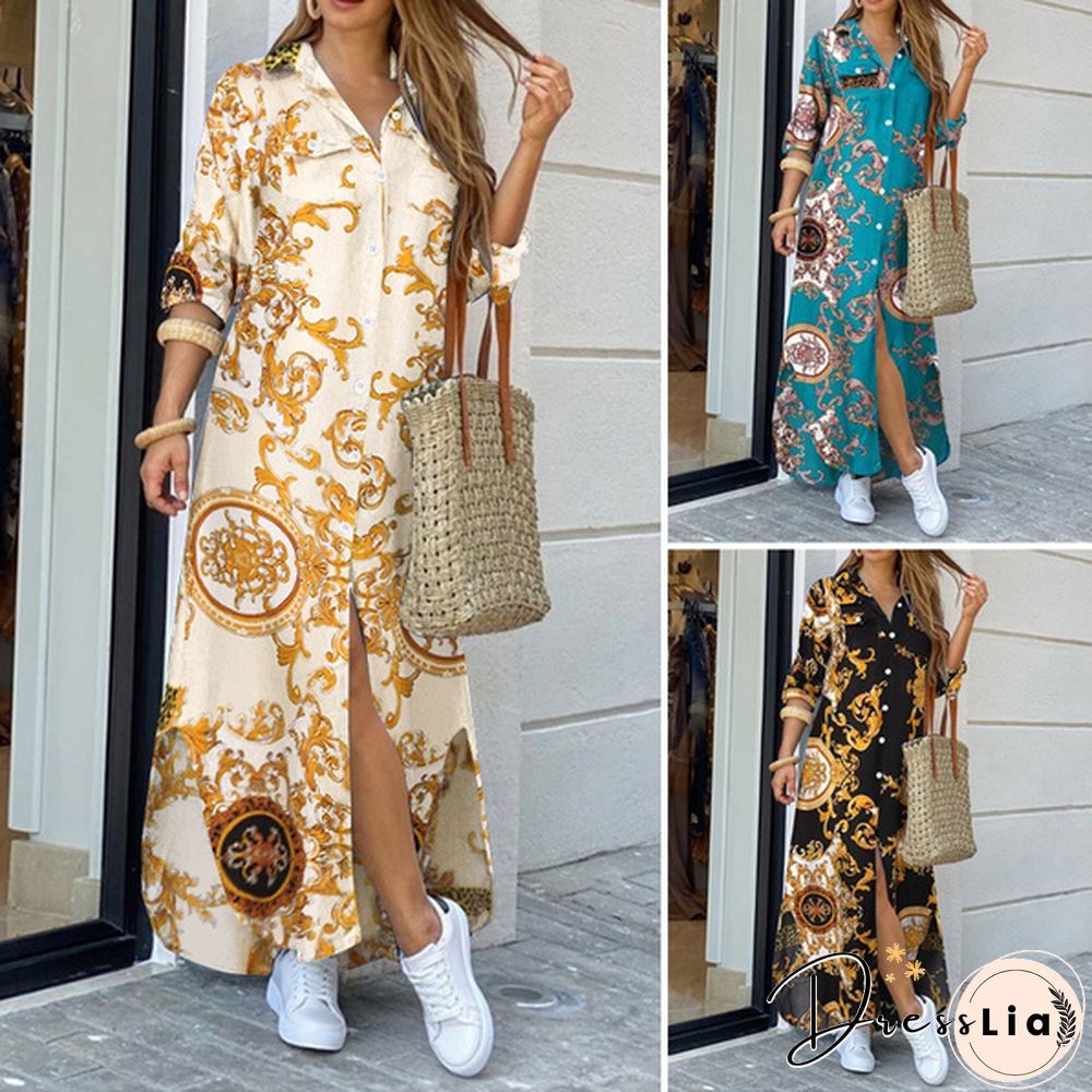 S-5XL Womens Kaftan Dress Chains Printed Side Fork Casual Loose Long Wedding Holiday dress