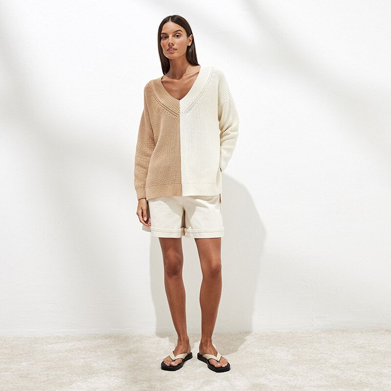 Ootddress V-Neck Waffle Knit Sweater Tops For Women Autumn 2025 New Patchwork Pullover Fashion Streetwear Casual Oversized Knitwear