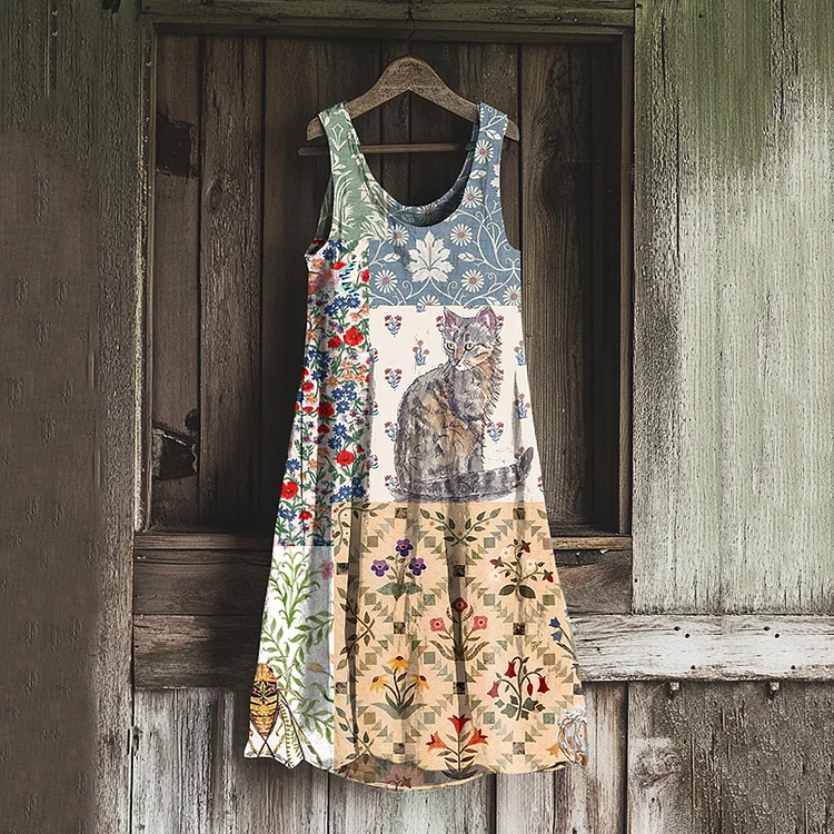 Vintage Patchwork Cute Cat And Floral Art Linen Tank Dress