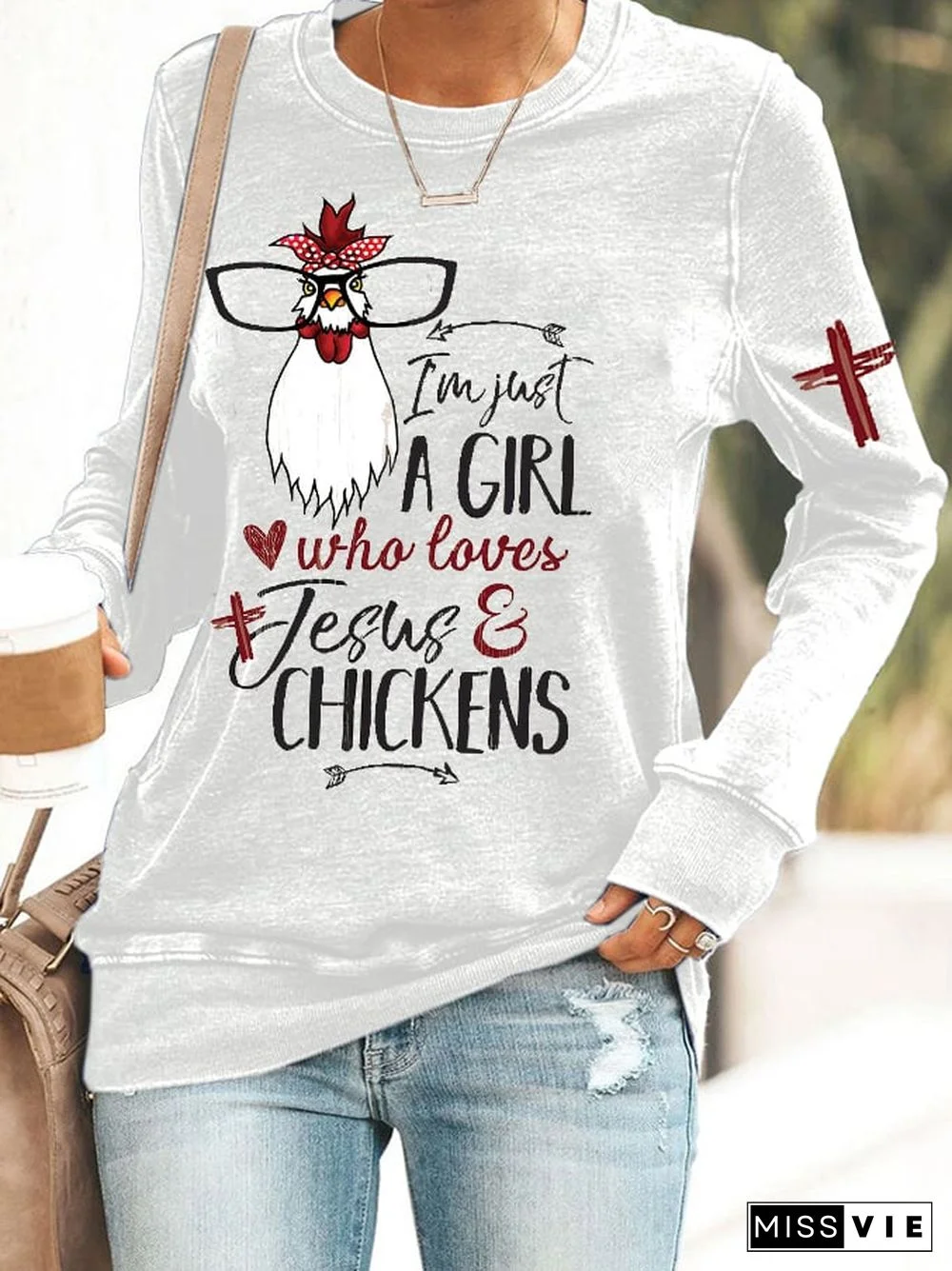 Women's Christmas Just A Girl Who Loves Jesus And Chiken Printed Sweatshirt