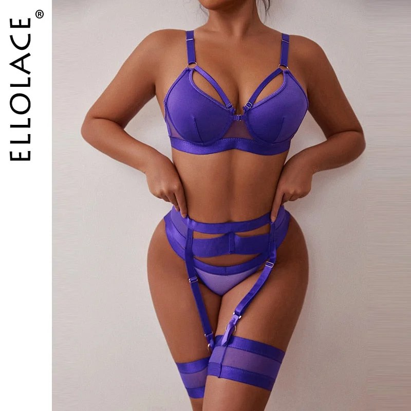 Ellolace Sexy Goth Women's Underwear Lingerie Hollow Out Black Exotic Brief 3 Piece Sets Setup Ladies Underwire Bilizna Set