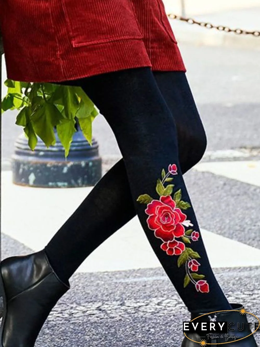 Casual Floral Elastic Waist Leggings