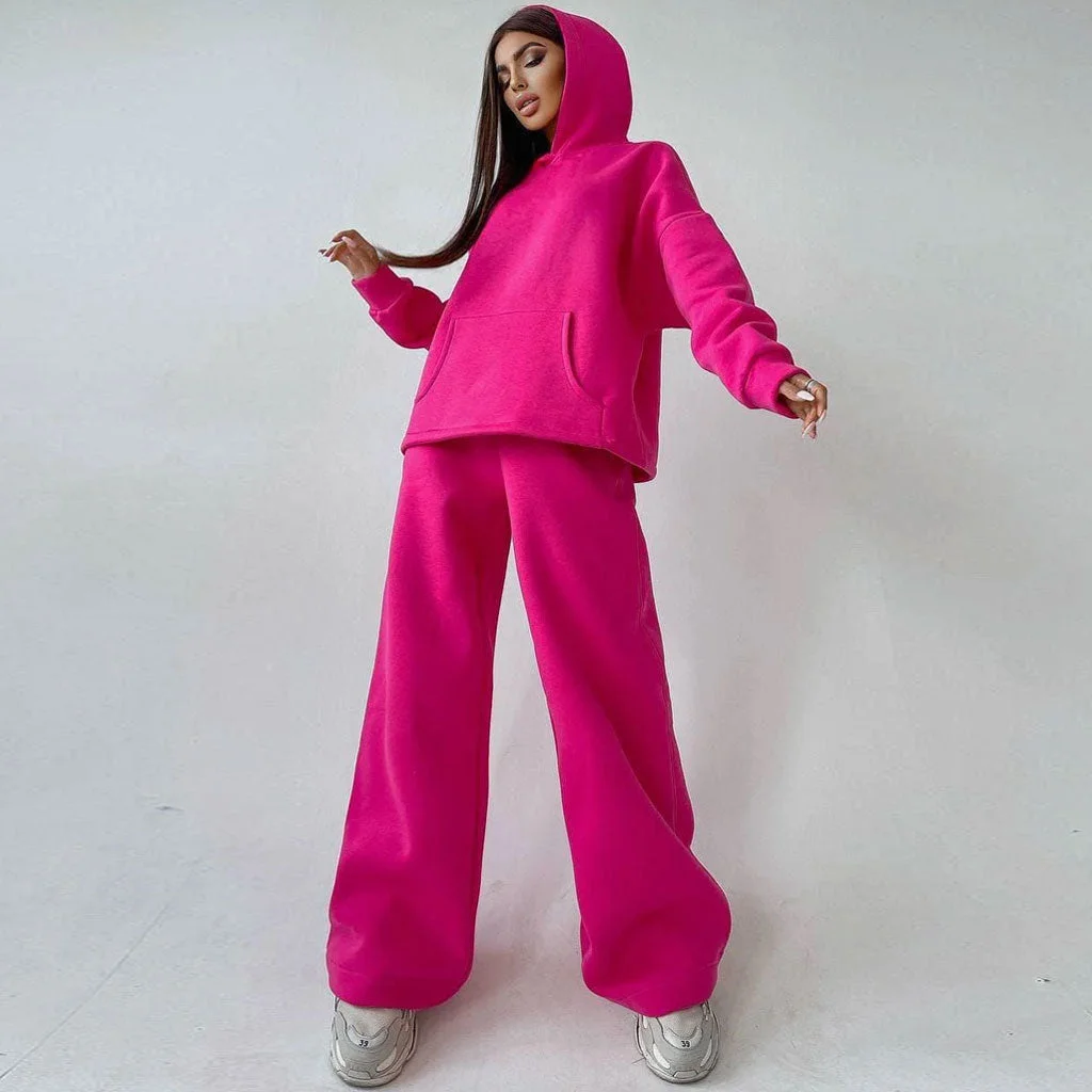 Athletic Solid Long Sleeve Wide Leg Hoodie Matching Set - Rose