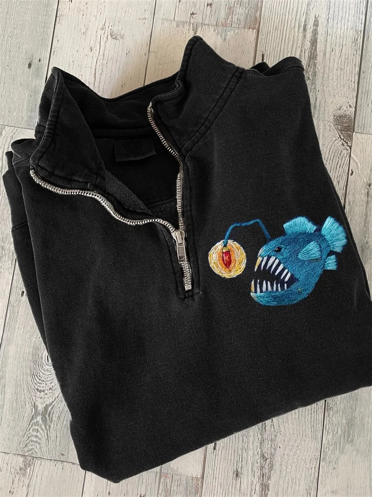 Lanternfish Embroidery Art Zip Up Sweatshirt