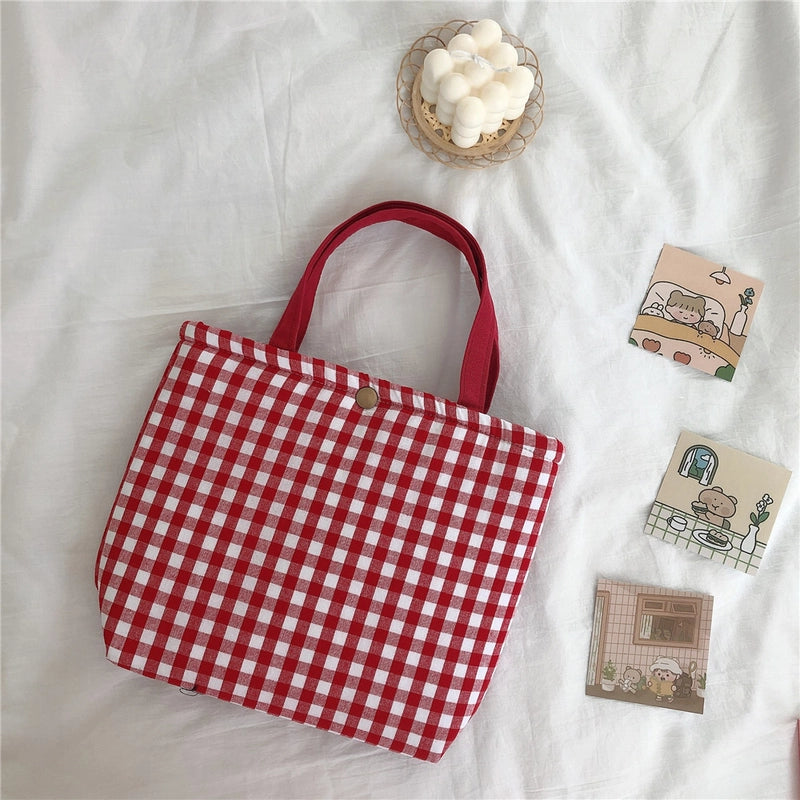 Plaid Portable Lunch Bag With Thickened Aluminum Film Hand Carrying Small Square Bag Cotton Bag Breakfast Bag Mummy Bag Plaid Bag
