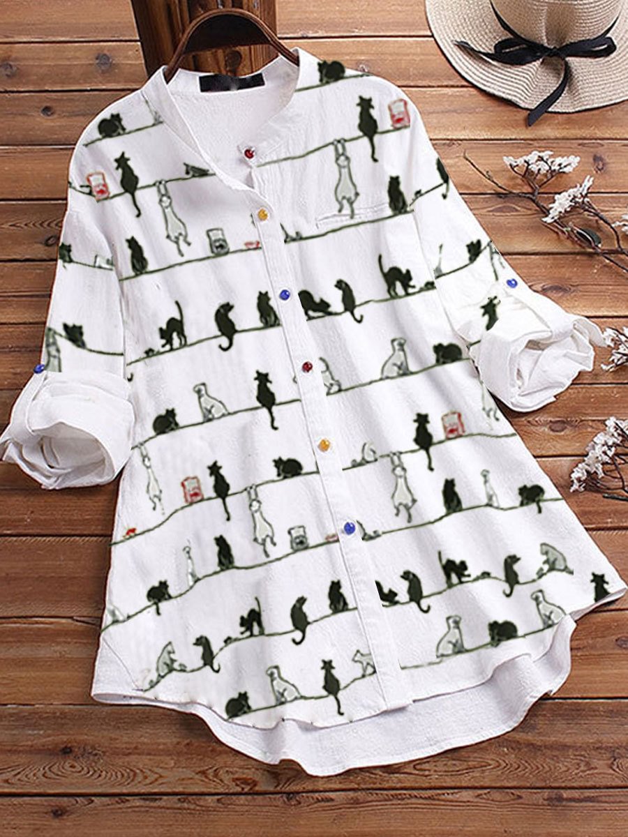 Casual Cute Cat Print Long Sleeve Shirt