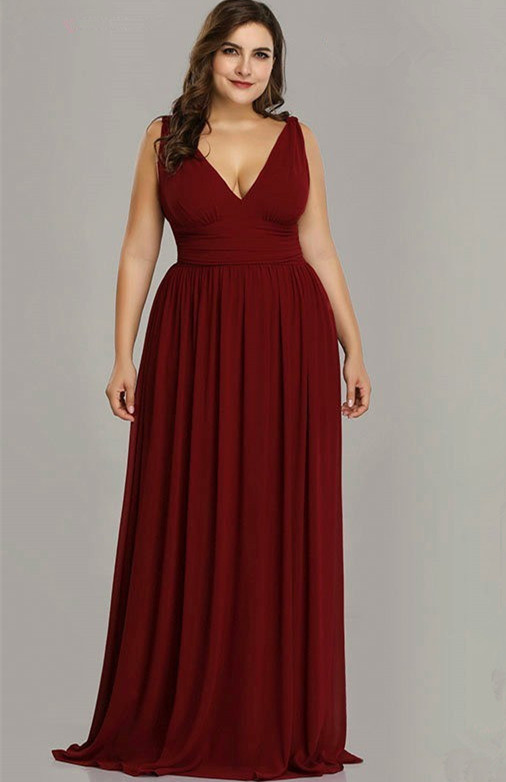 burgundy v-neck sleeveless long chiffon plus size prom dress