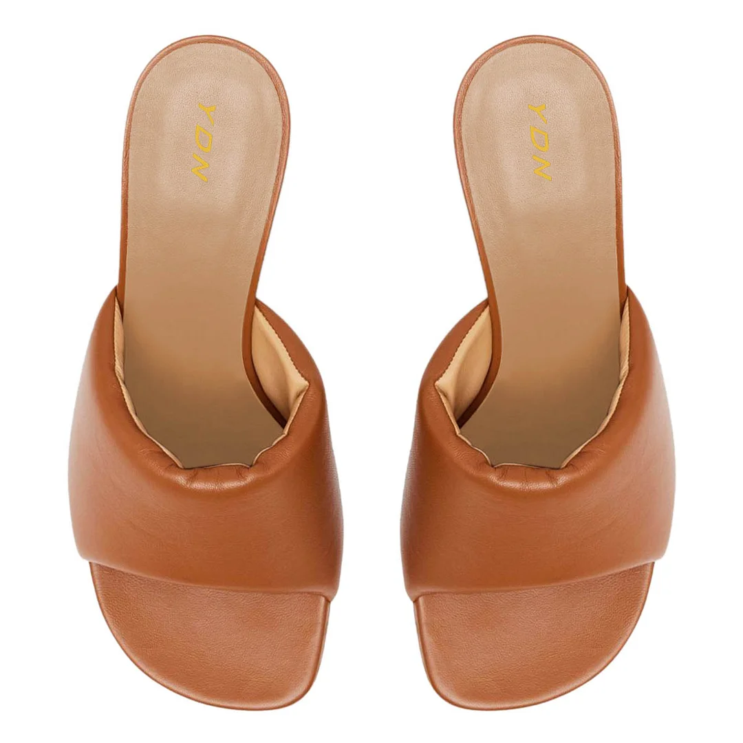 YDN Brown Vegan Leather Open Toe Gold Decorative Heeled Mules