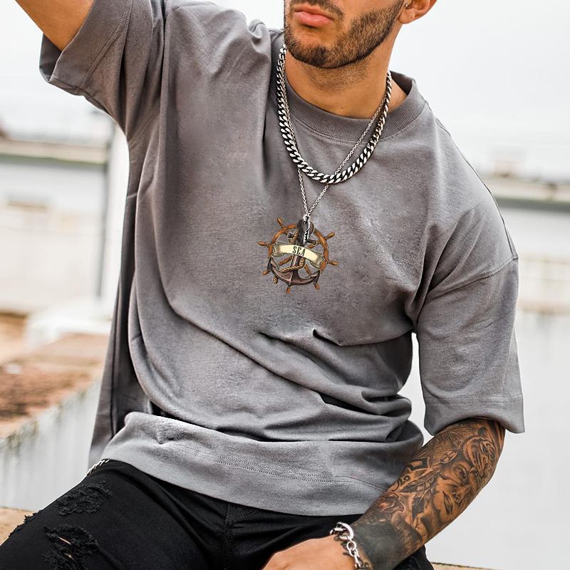 Men's Ship Anchor Rudder Casual Print T-Shirt