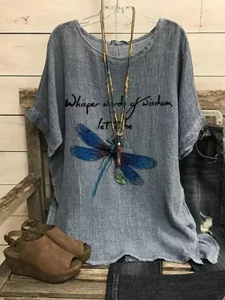 Deep gray Dragonfly Print Casual Round Neck Short Sleeve T-shirt