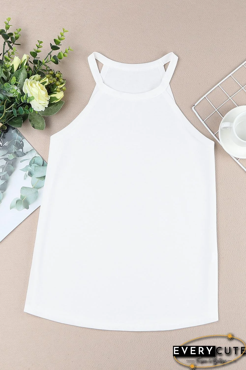 White Plain Halter Neck Tank Top