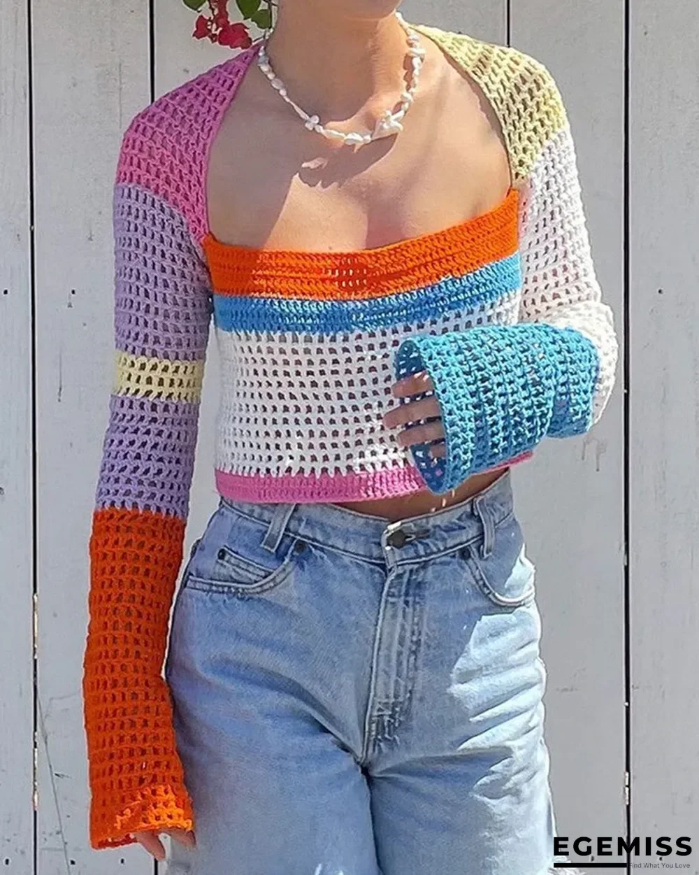 Colorblock Square Neck Open Knit Crop Sweater | EGEMISS