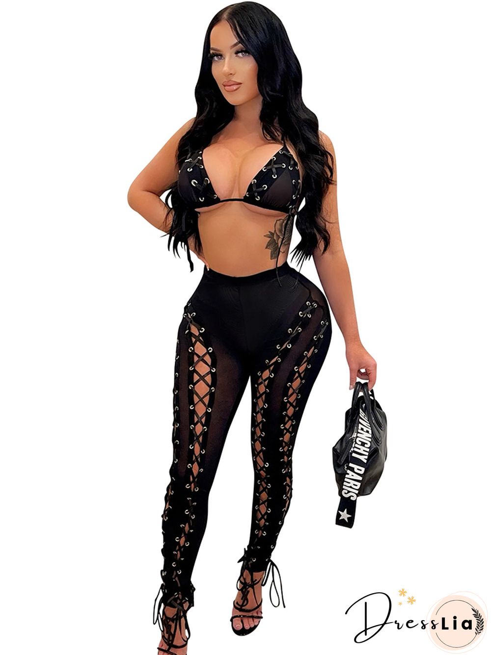 Hollow Out Bandage Mesh See Through Bikini TopsAnd Pencil Pants Two Piece Set Woman Summer Sexy Party Club Outfits