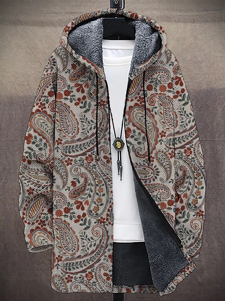 Men's Indian Paisley Pattern Style Art Print Fleece Lined Hooded Trench Coat