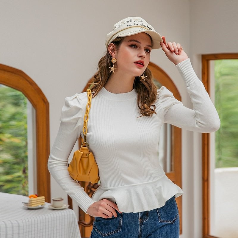 Simple elegant women's round neck solid white Long Sleeve Pullover Sweater Autumn winter female sweater ladies leisure jumper