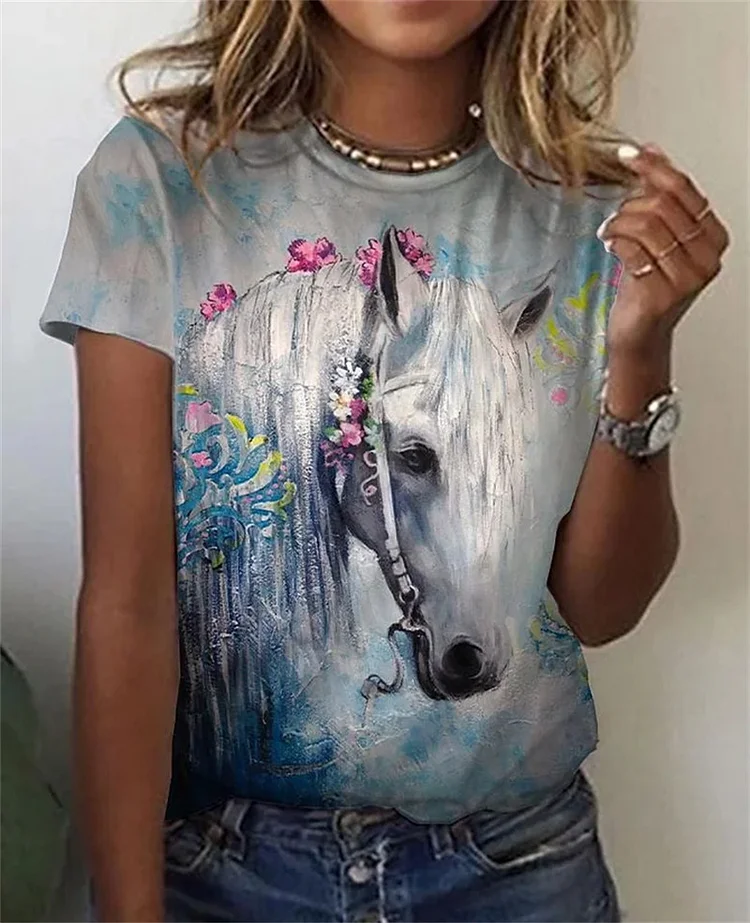 Women's 3D Horse Print T-Shirt Crew Neck Short Sleeve Tee
