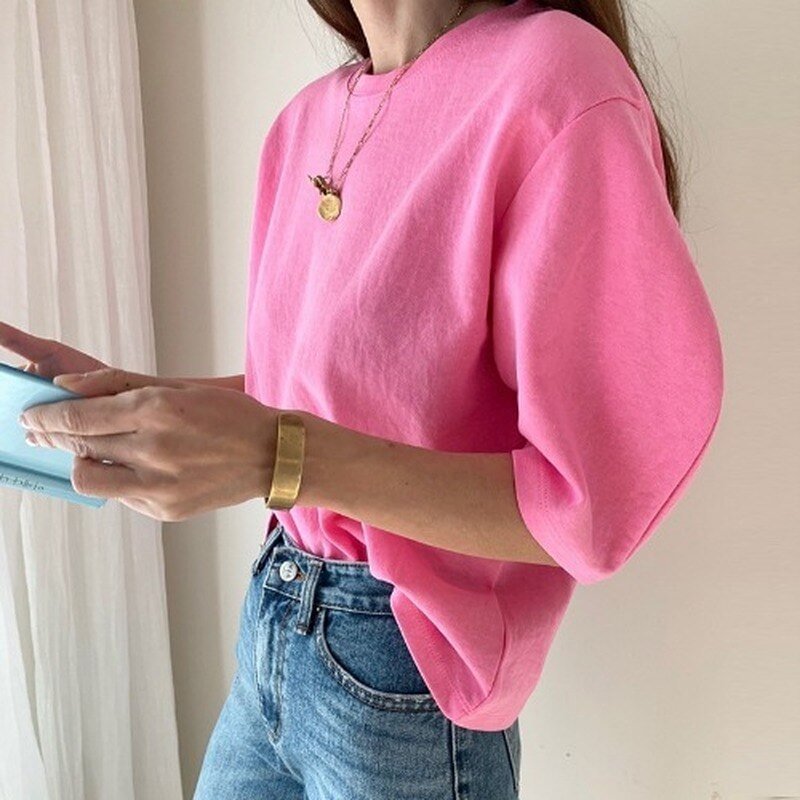 Blusas Casual Solid O-neck Tee Shirt Korean Women's Summer T-shirt Chic Puff Half Sleeve Shirts Women 2021 Tops Clothing 10199