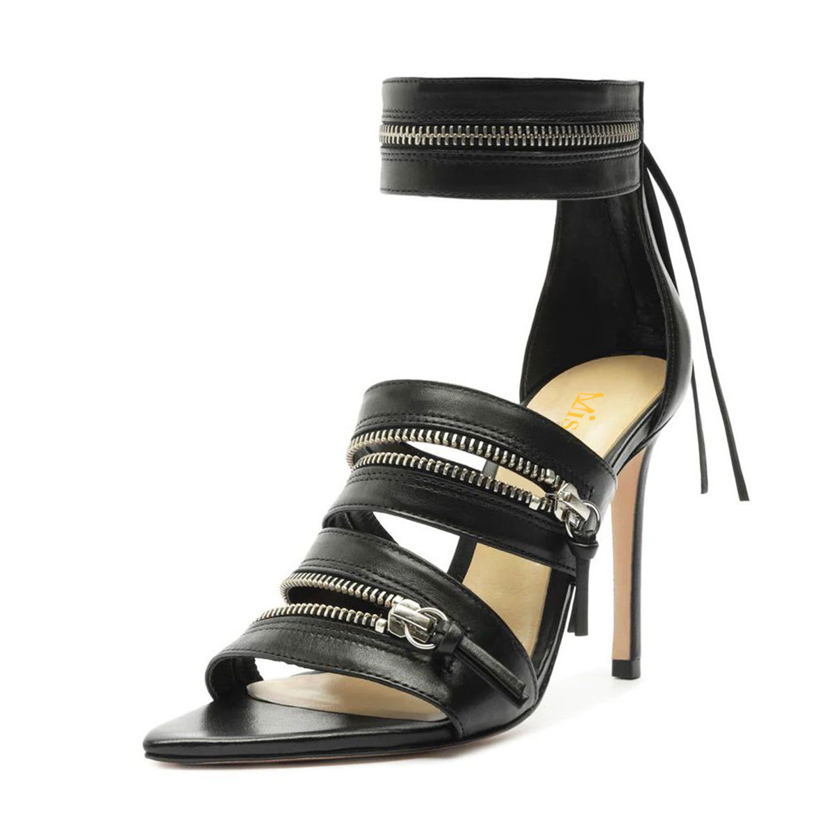 Black Zipper Strappy Open Pointed Toe Stiletto Heel Women's Sandals Nicepairs