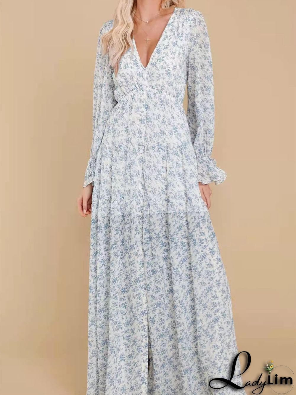 Women's Floral Printed Long Sleeve V-neck Maxi Dress