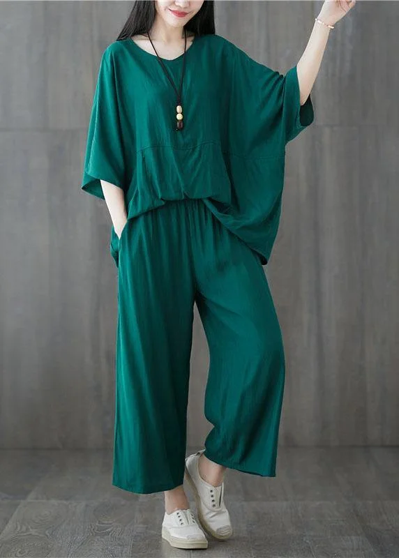 plus size green two pieces batwing sleeve tops and elastic waist pants