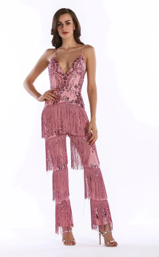 Uveng V neck Sequins Summer bodysuit women one piece Backless tassel body femme rompers womens jumpsuit Bandages Tassel Overalls