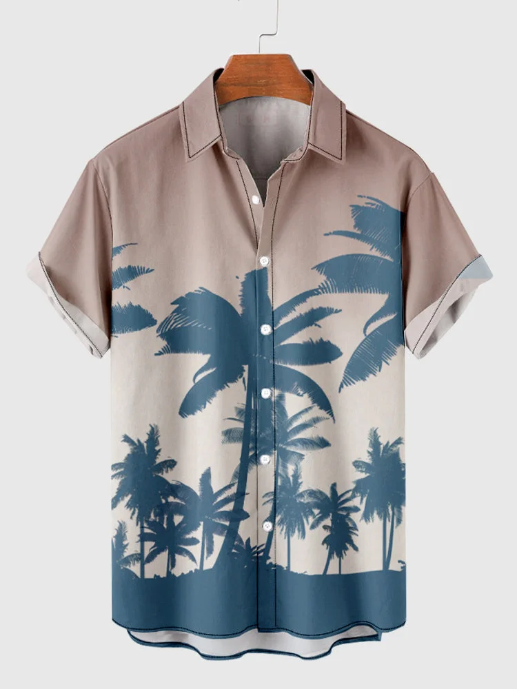 Gradient LightOrangeRed Coconut Tree Printing Men's Short Sleeve Shirt