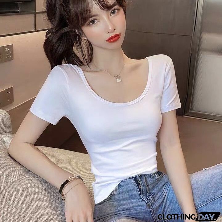 Women Casual Solid Color U Collar Short Sleeve T-Shirt