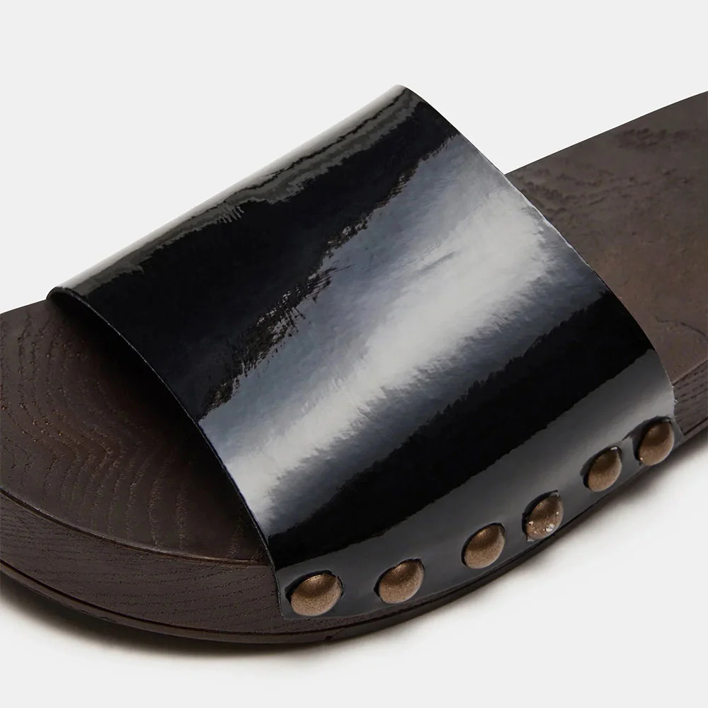 Black Patent Leather Round Toe Chunky Heel Slide Sandals with Studded