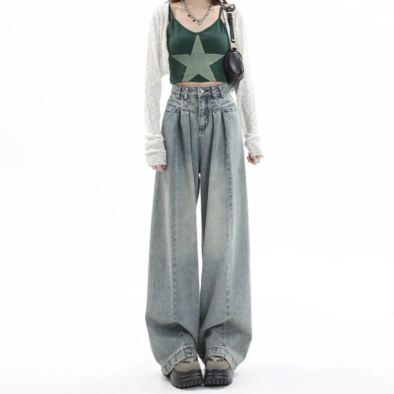 Zingj Zingj Ancient Ways Vertical Sense Jeans Female Spring And Summer Design Sense High Waist Hot Girl Small Loose Straight Tube Mop The Floor Wide Leg Trousers