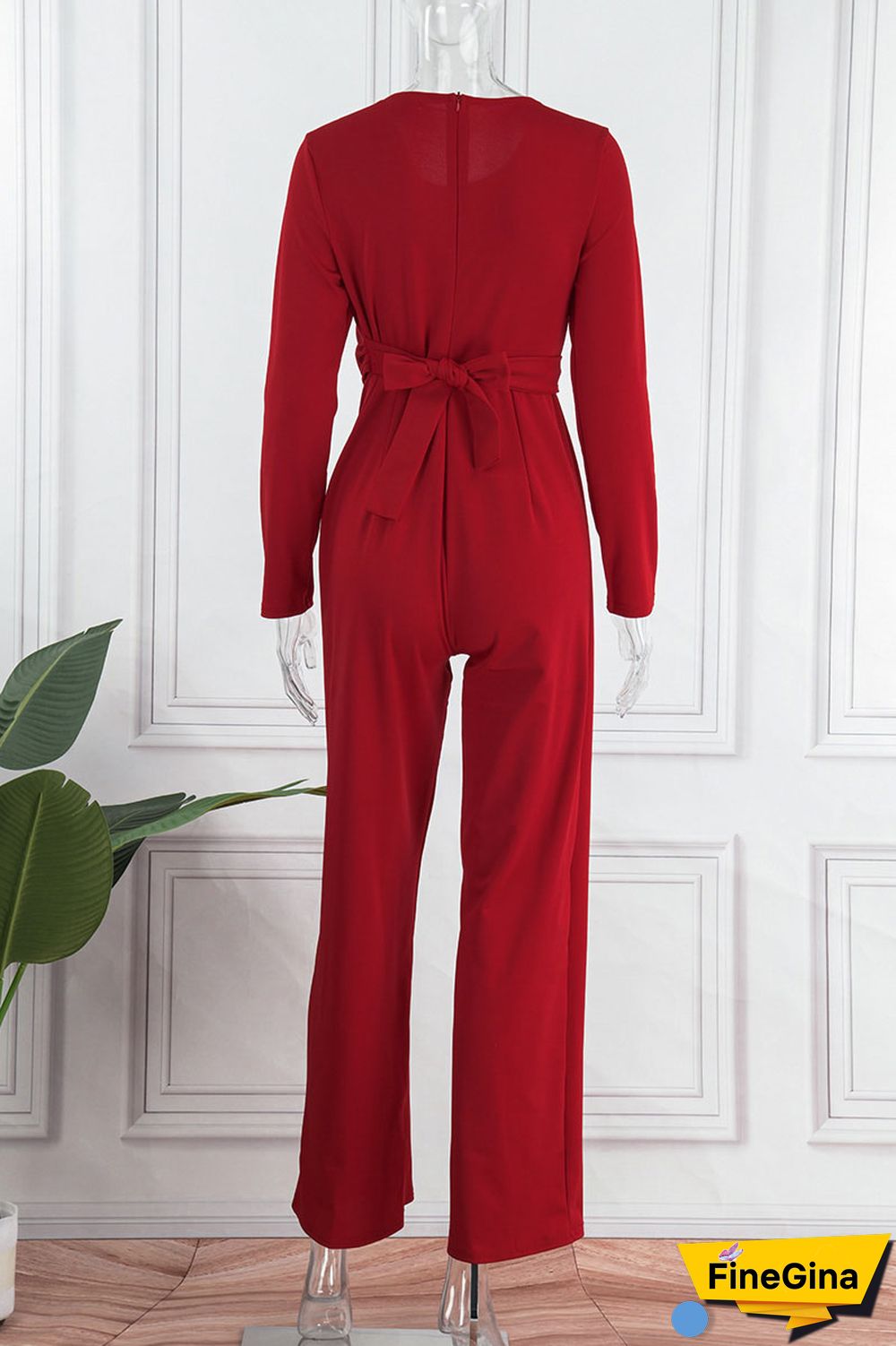 Red Casual Solid Bandage Patchwork Fold O Neck Straight Jumpsuits