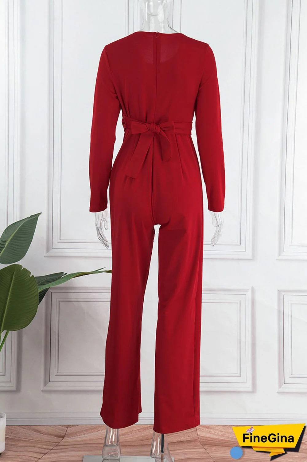 Red Casual Solid Bandage Patchwork Fold O Neck Straight Jumpsuits