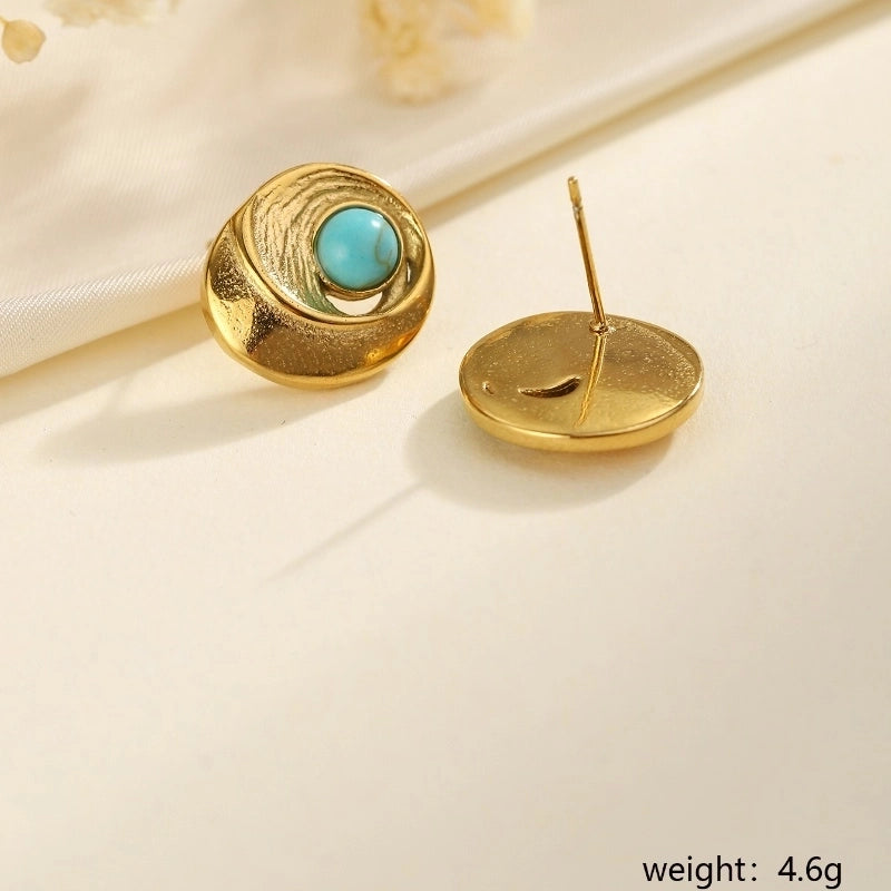 1 Pair Classical French Style Artistic Round Inlay 304 Stainless Steel Turquoise Ear Studs