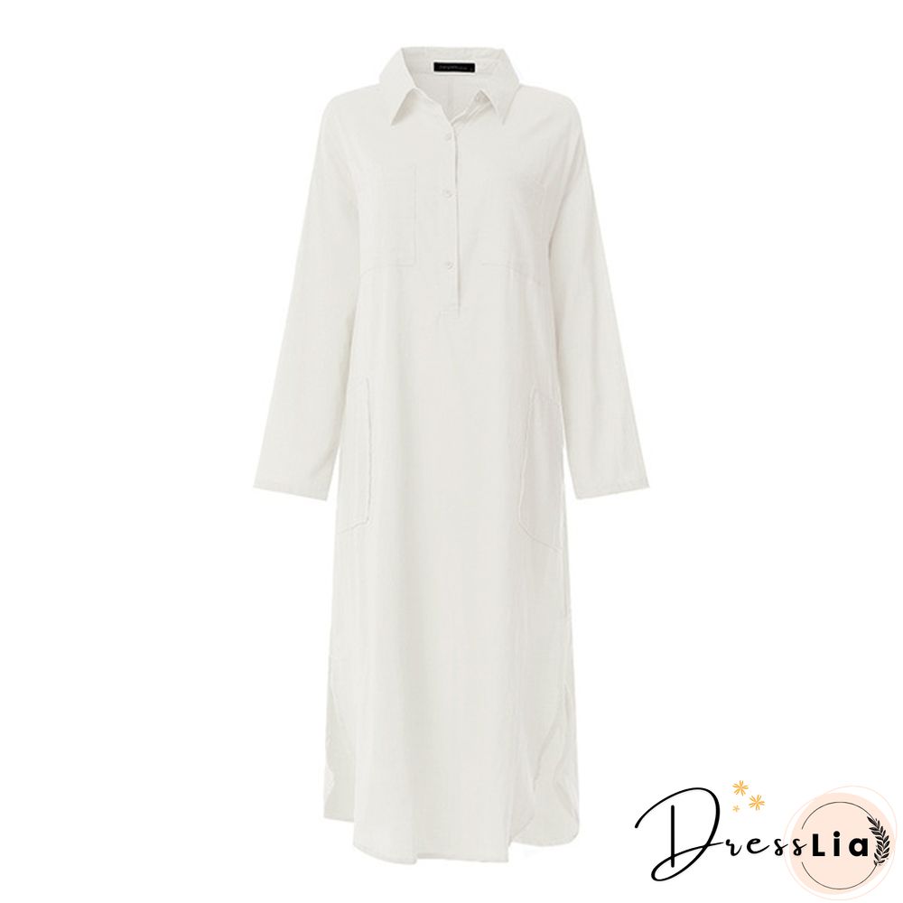 Spring Summer Fashion Women Solid Color Cotton Linen Button Shirt Dress Long Plus Size