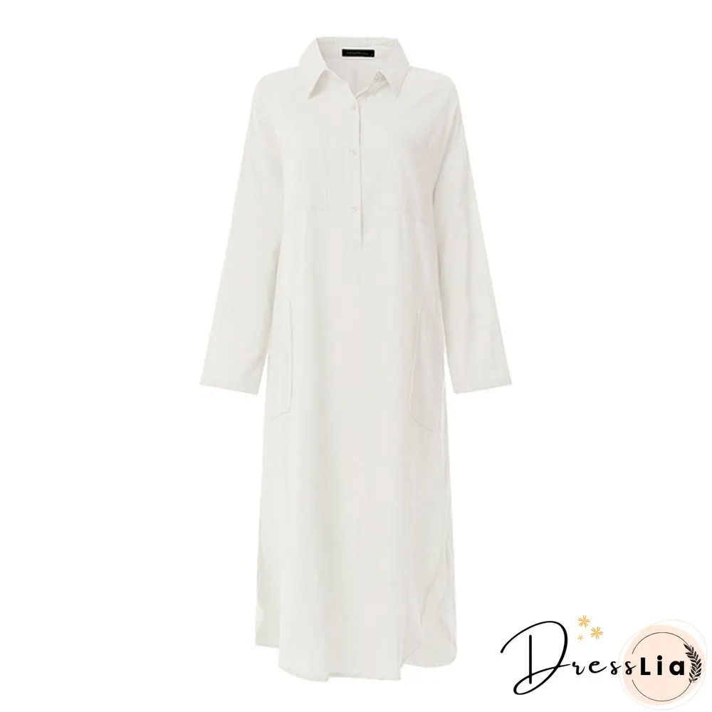 Spring Summer Fashion Women Solid Color Cotton Linen Button Shirt Dress Long Plus Size