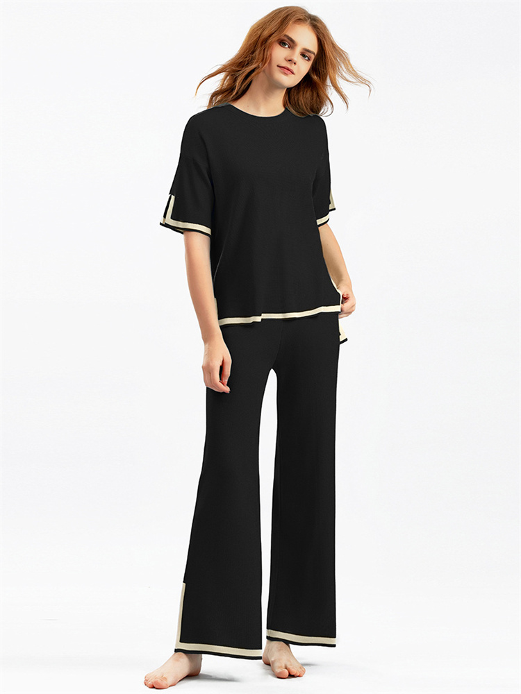 Ootddress Contrast Knit Trousers 2 Piece-Set Female Slim Patchwork Loose Casual Streetwear Pullover And Wide Leg Women's Pants Sets