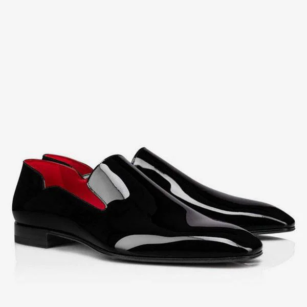 Gentleman's Cut Out Slip-On Prom Party Wedding Red Bottom Shoes in Patent Leather V-shaped Notches VOCOSI VOCOSI