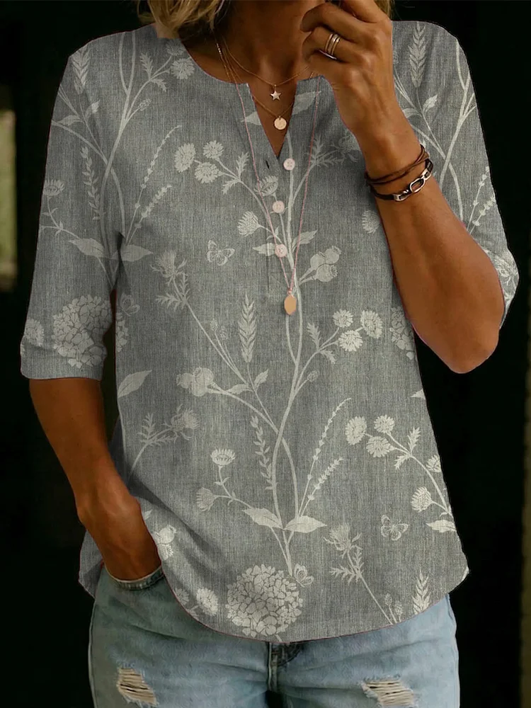 Women's Floral Print 100% Cotton Henley T-shirt