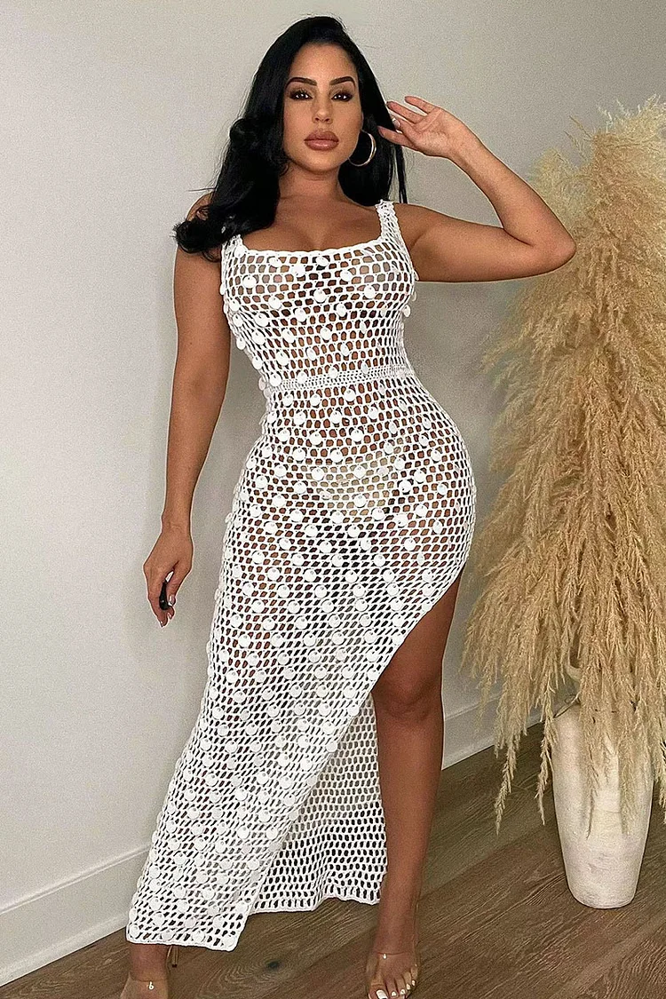 Knit Sequins Hollow Out Sleeveless Slit Bodycon Cover Ups Beach White Maxi Dresses
