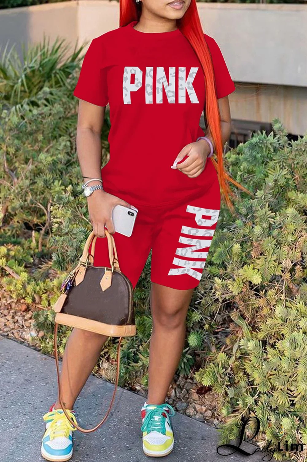 Blue Fashion Casual Letter Print Patchwork O Neck Short Sleeve Two Pieces