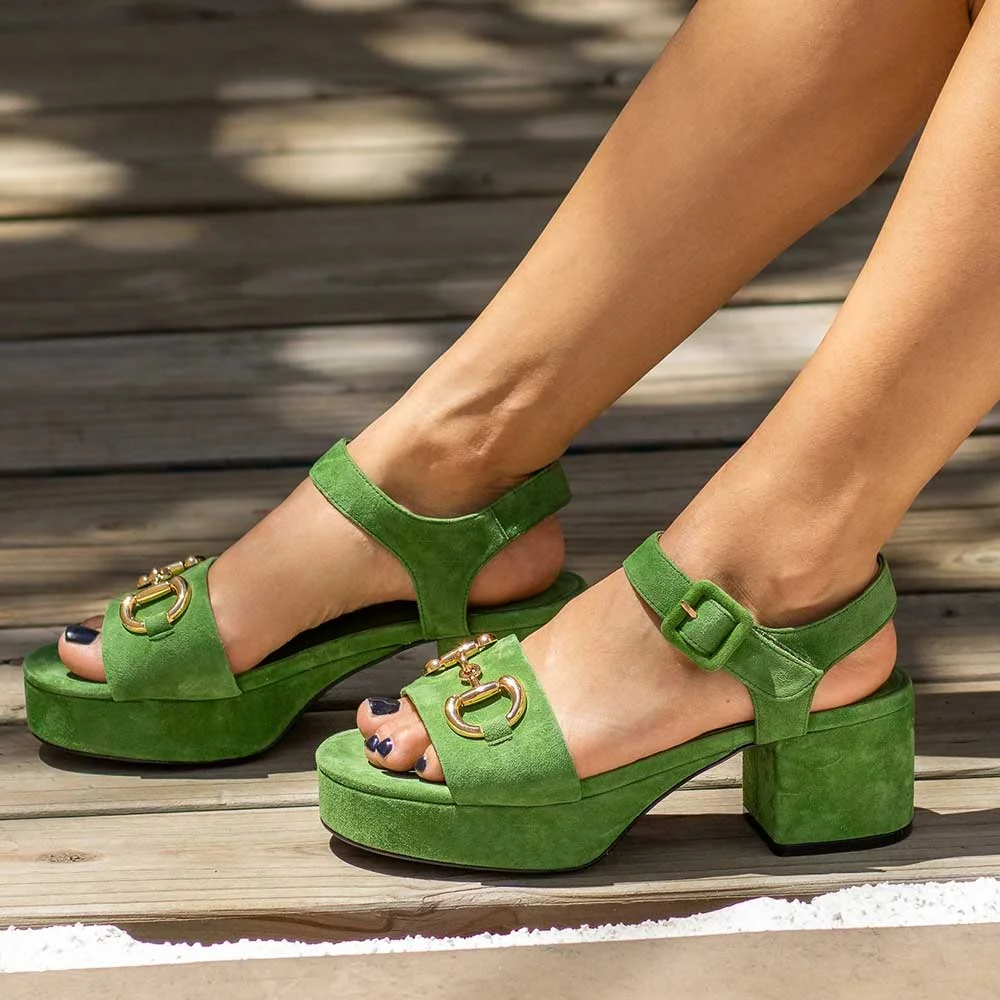 Green Round Toe Buckle Horsebit Ankle Strap Platform Sandals