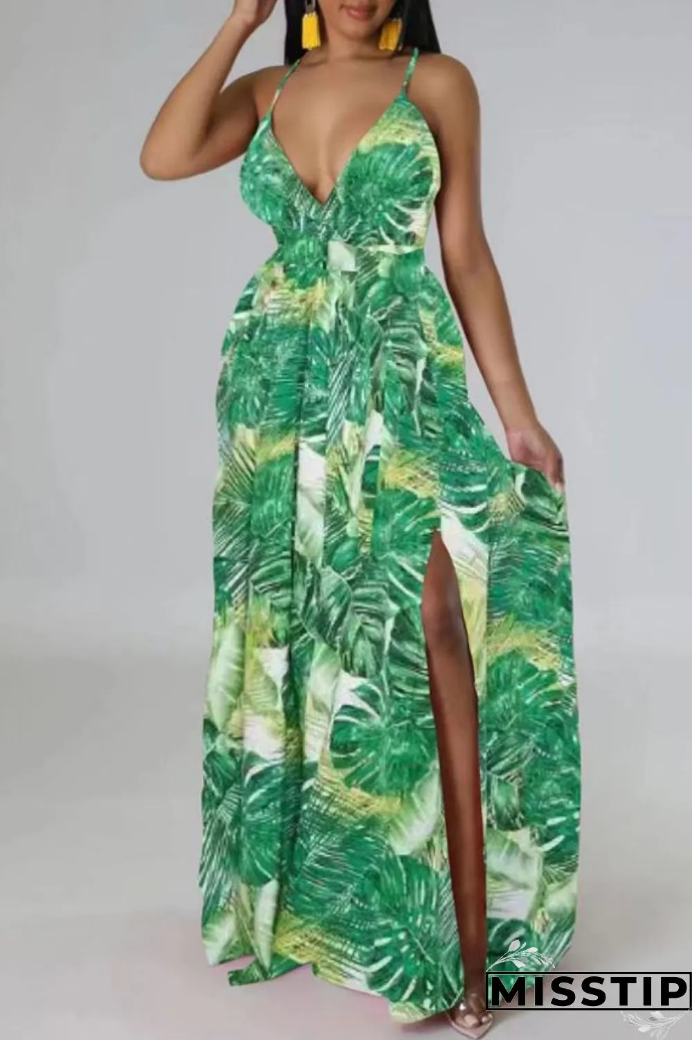 Multi-color Sexy Casual Print Backless Slit Spaghetti Strap Long Dress Dresses