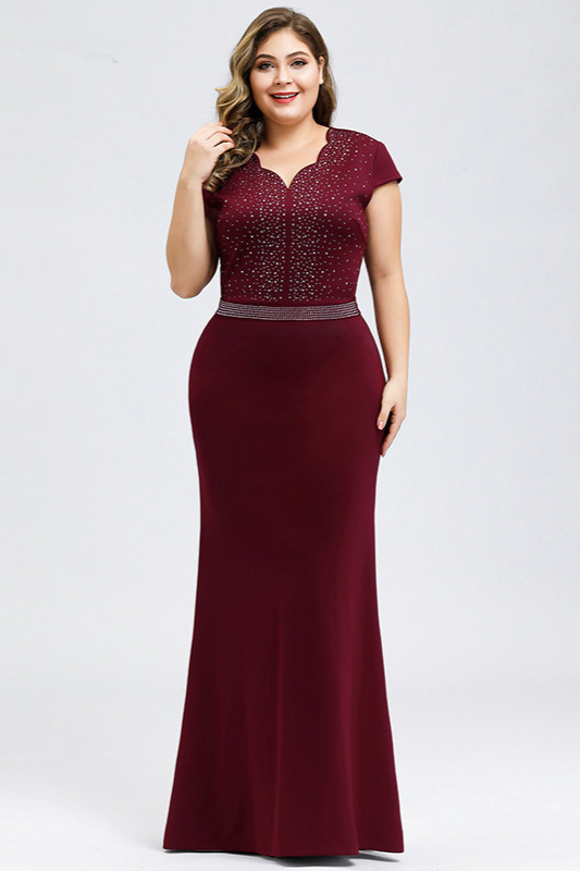Glamorous Cap Sleeve Mermaid Prom Dress Long Plus Size Evening Gowns With Beadings - lulusllly