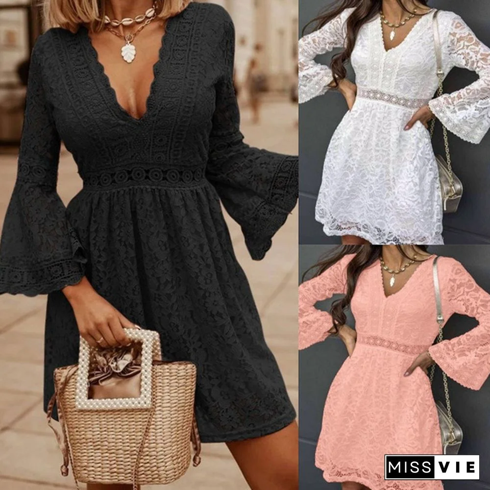 Elegant Lady Mini Dress Women Lace Stitching Flare Long Sleeve V-neck Party Casual A-line Tunic Dress Plus Size