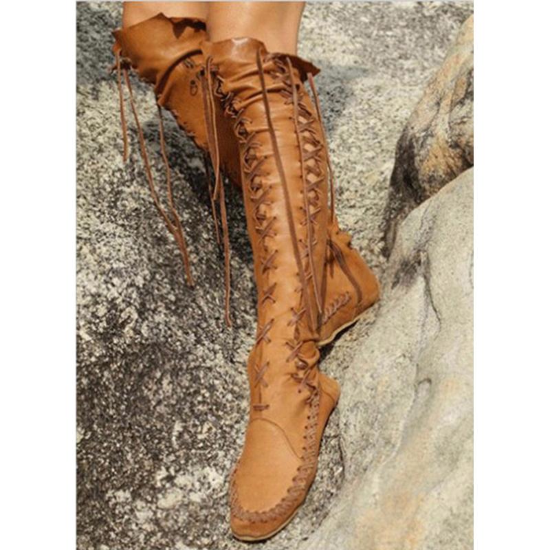 Women retro ethnic front lace tassels knee high boots