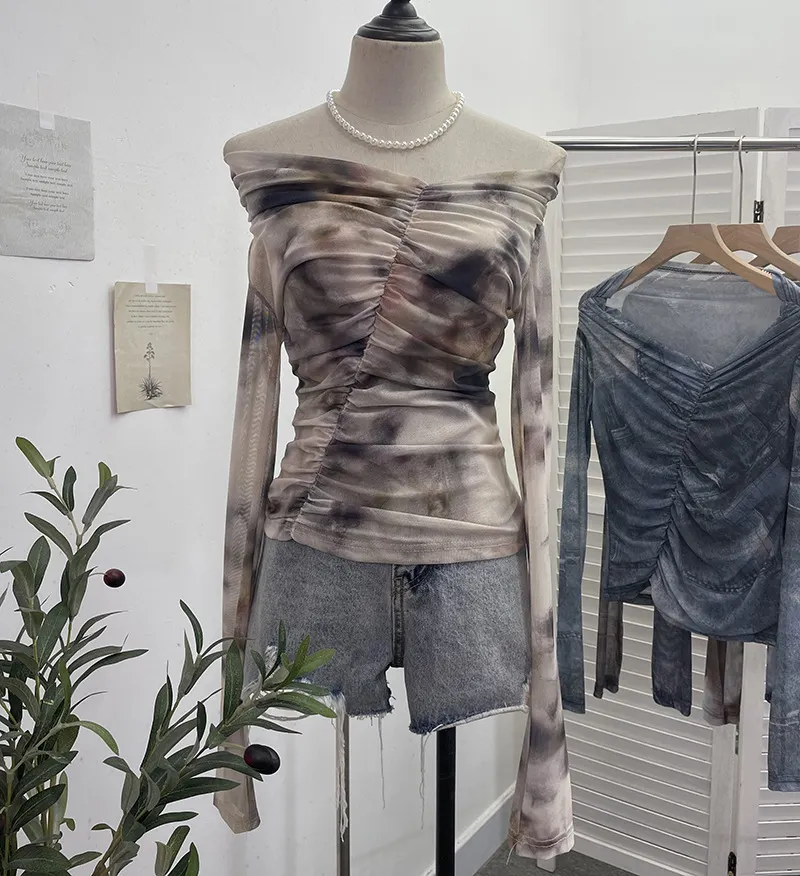 Uveng Real Shot Shoulder Tie-Dye Printing Mesh Hooded Design Long-Sleeved Irregular Folding Repair T-Shirt 9930
